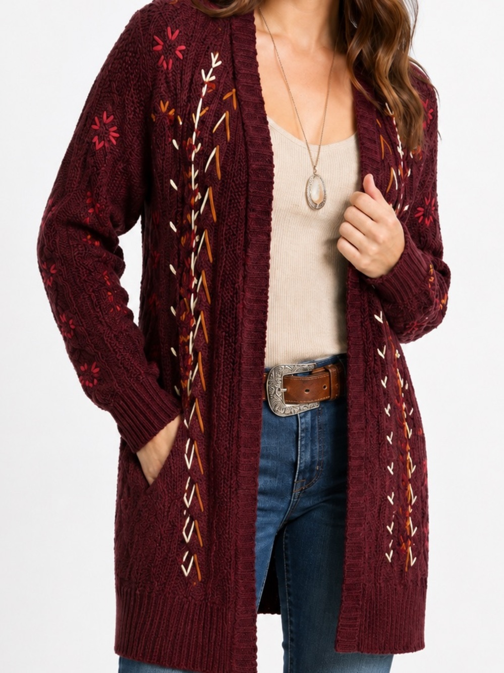 Shyanne Cardigan Sweater Large Burgundy Embroidered Western Longline Pockets
